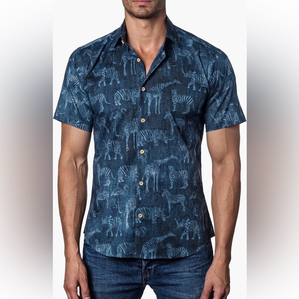Jarad Lang Button Down Shirt blue safari print Size Small